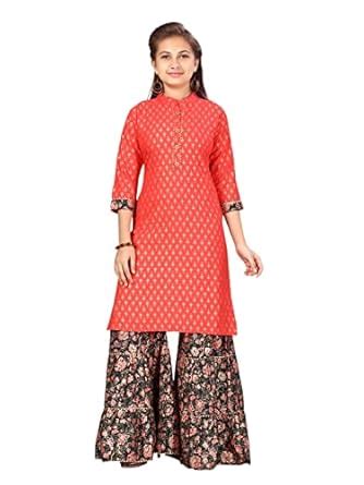 Buy Aarika Girl's Cotton Kurti Sharara Set (SH-AP-C-1_Gajri-Dark Green ...