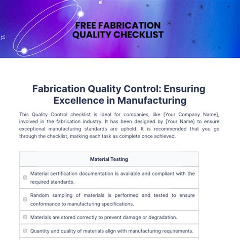 Free Fabrication Quality Checklist Template to Edit Online