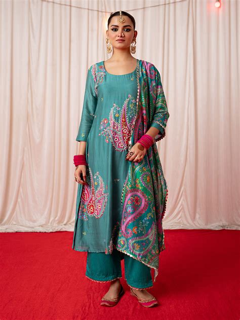Green Printed Chanderi Silk Embroidered One Shoulder Kurta with Sharara ...