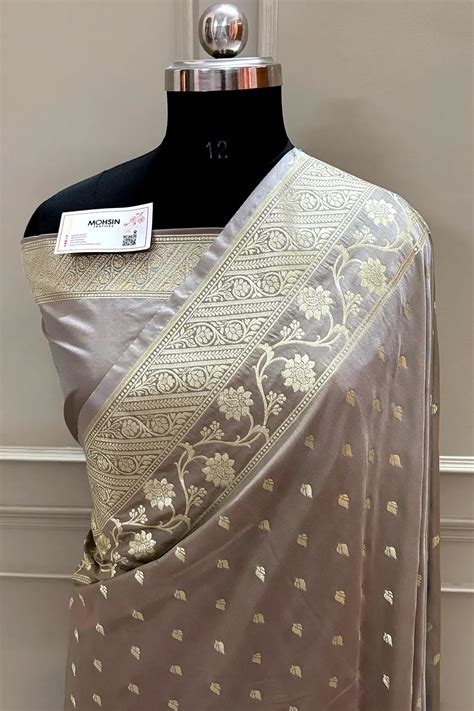 Beige Mahinki Buti Katan Silk Banarasi Saree – Mohsin Textiles