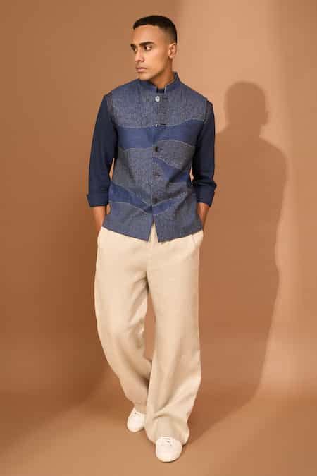 Buy Blue Linen Embroidery Stitch Navy Wave Ray Bundi For Men by Vivek ...