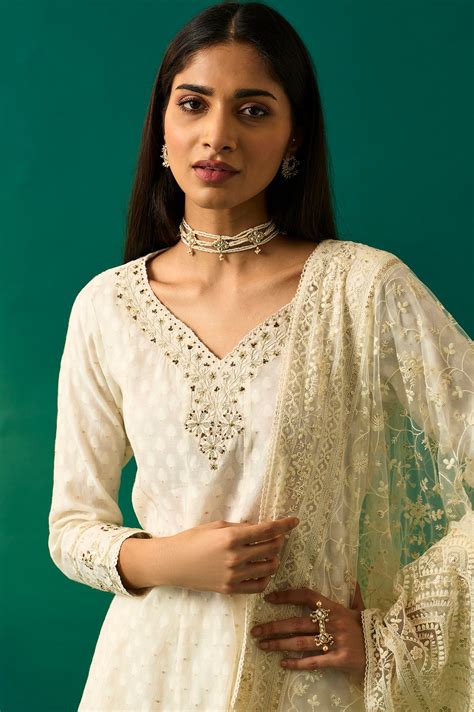 Off-White Embroidered Anarkali Cotton Kurta with Straight Pants and Du