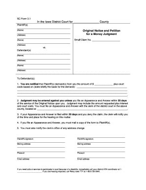 Fillable Online iowacourts SC Form 3.1 In the Iowa District Court for ...