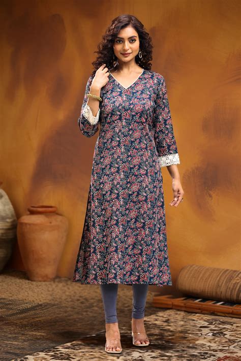 Navy Blue Jaipuri Cotton A Line Printed Kurta – Cotton Culture