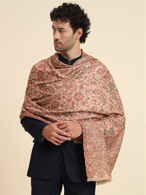 Kani Weave Woven Shawl for Men in Cutting with Floral Patterns | Brown ...