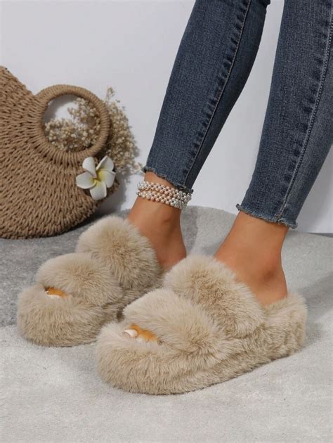 Women's Thick Sole High Heel Milk Tea-colored Fashion Furry House ...