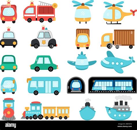 Vector transportation set with front and side view. Funny water, land, air underground transport ...