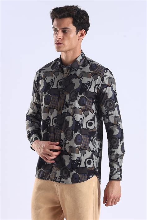Brown Camouflage Printed Slim Fit Cotton Full Sleeve Shirt