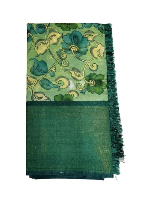 Buy Green Floral Print Poly Cotton Saree with Zari Border and Tassels ...