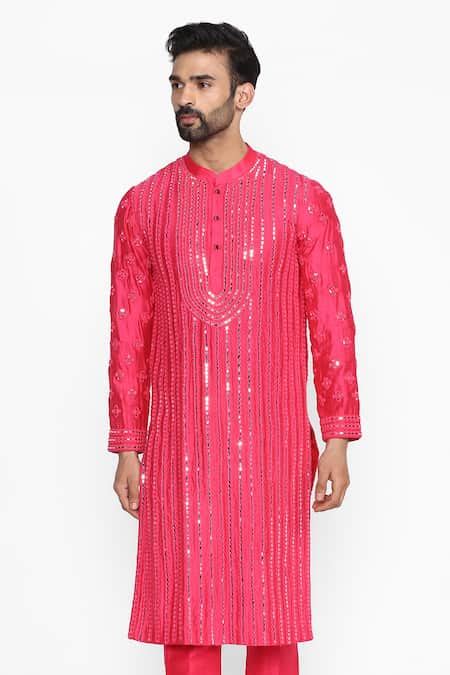 Buy Pink Raw Silk Embroidered Long Kurta For Men by Abhinav Mishra ...