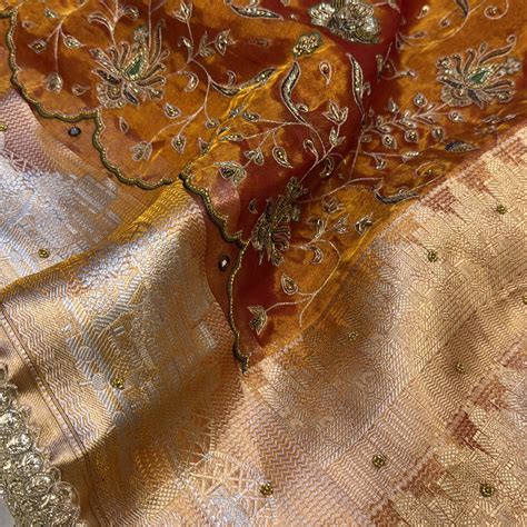 Burnt orange ghat woven border tissue silk heavy hand embroidered sare ...