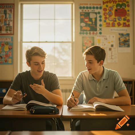 Two smiling male students talking while sitting at their desks in a ...