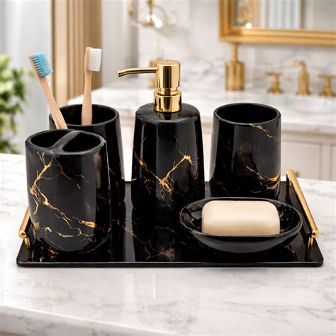 Luxury Black Marble Bathroom Accessory Set with Tray – Soap Dispenser ...
