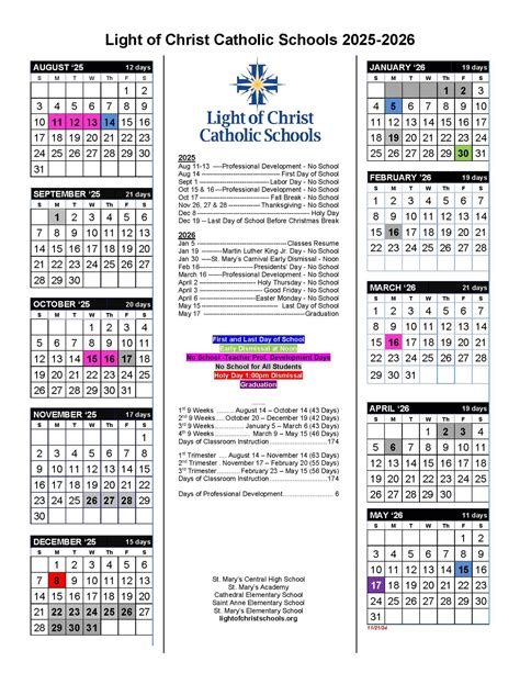 2025-26 School Calendar - Light of Christ Catholic Schools - Bismarck, ND