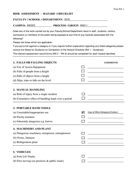 Fillable Online cis ulster ac Risk Assessment RA1 Form. Health & Fax ...