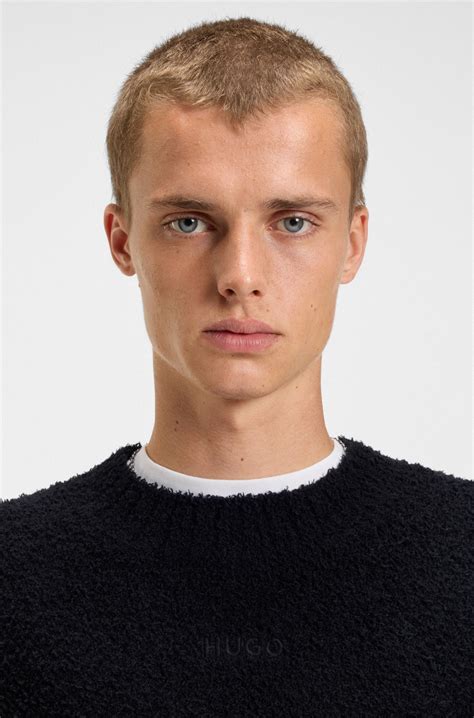 HUGO - Bouclé-knit sweater with embroidered logo - Black