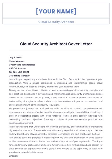 Free Cloud Security Architect Cover Letter Template to Edit Online