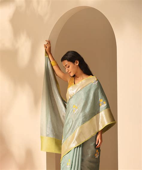 Handloom Sage Green Double Shade Tissue Chanderi Saree With Three Flow ...