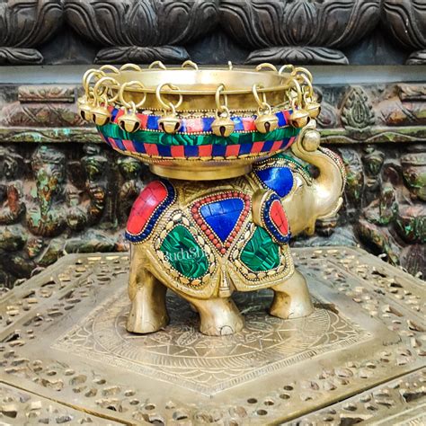 Buy Engraved Elephant brass urli with ghungroo inlay stonework ...