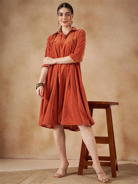 Rust Velvet Collared Neck Flared Midi Dress