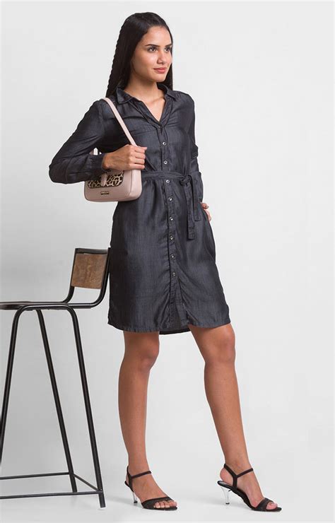 Spykar Women Black Cotton Slim Fit Full Sleeve Denim Dress