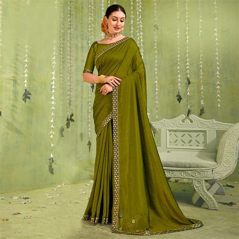 Green Solid With Fancy Border Vichitra Silk Saree