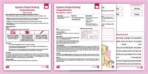Pack Five Dyslexia Simple Reading Comprehension: Missing Words