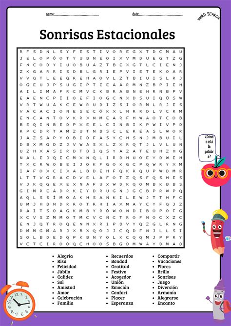 Seasonal Smiles Word Search Puzzle In Spanish Worksheet + Answer Key ...