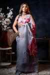 Buy Grey 100% Silk Organza Handpainted Floral Kumud Lily Saree For ...