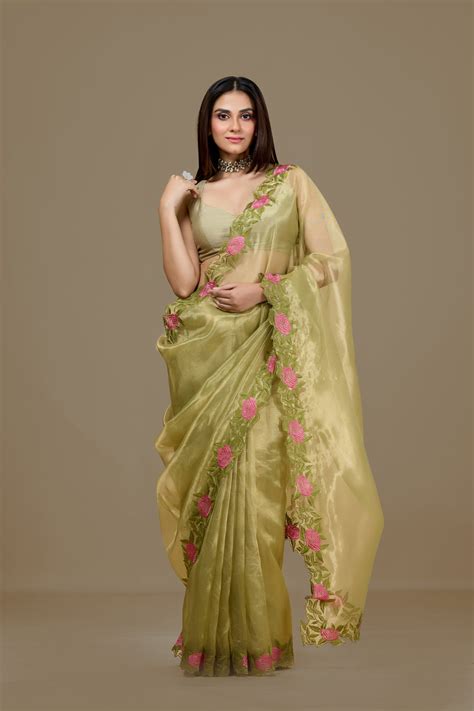 Green Tissue Saree with Intricate Appliqué Work – Aparnaa Sarees