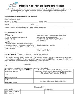 Fillable Online Duplicate Diploma/Certificate Request - MiraCosta ...