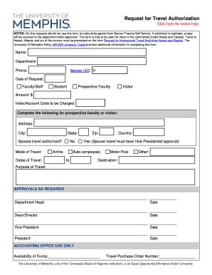 Fillable Online memphis Request for Travel Authorization - University ...