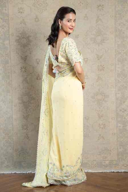 Buy Yellow Georgette Sequins, Beads Blooming Flower Embroidered Saree ...