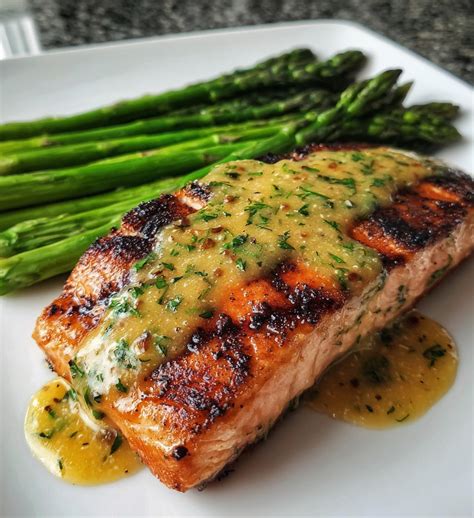 Grilled Salmon Lemon Butter Dill Sauce & Asparagus Delight