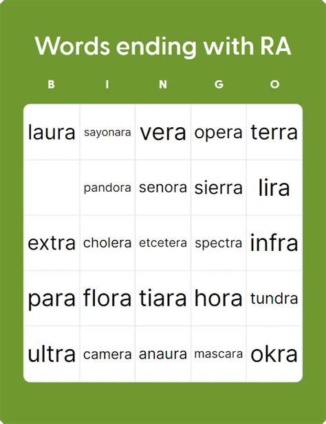 Words Ending With RA - Bingo Card Creator