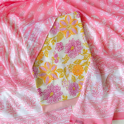 Bright Pink Hand Block Printed Pure Cotton Unstitched Suit Set – Fabric ...