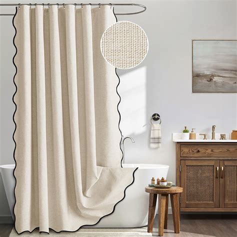 MIULEE Beige Scalloped Shower Curtain Linen Textured with 12 Metal ...