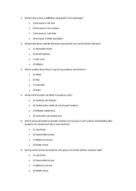 Microbio mcqs - mcq - 1. What is the primary definition of growth in ...
