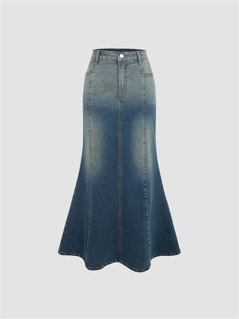 Denim Ruffle Mermaid Maxi Skirt For Daily Casual