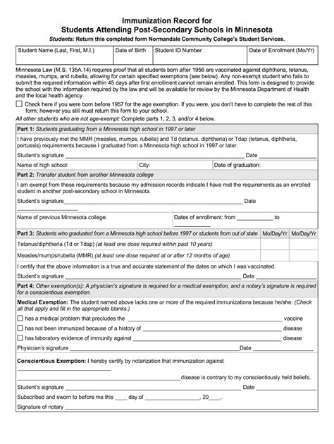 Fillable Online Immunization Record for Students Attending Post ...