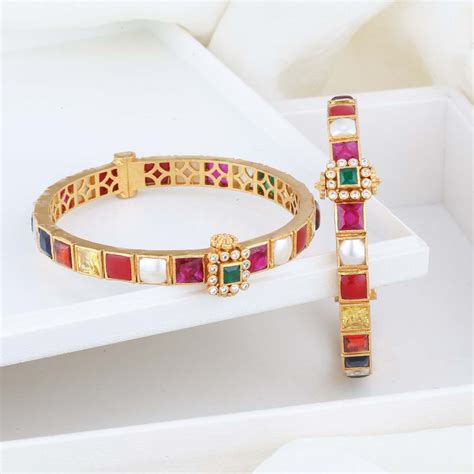 92.5 Gold Plated Stone Bangles Online | Buy Varshika Navarathna Pair ...