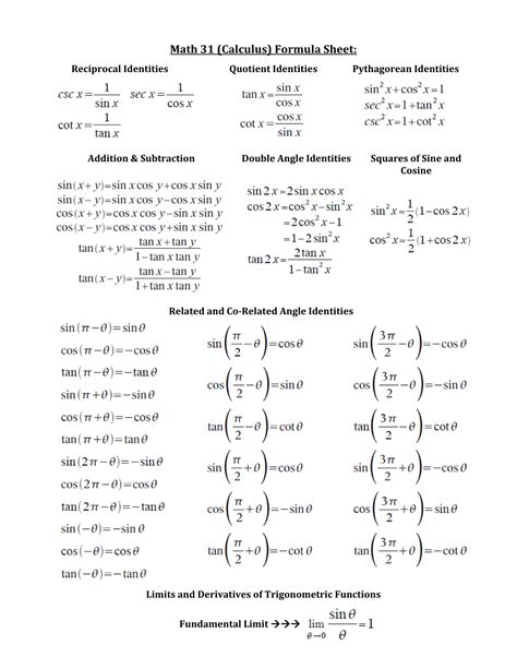 Image result for Math 31 Formula Sheet