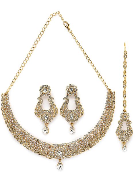Sukkhi Exhilarating Gold Plated AD White Stone Collar Bone Necklace Set ...