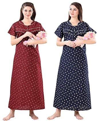 Buy Ankona Women Maxi Feeding Nighty Combo in Cotton with Buttons on ...
