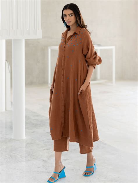 Brown Patch Work Cotton Tunic with Pants- Set of 2