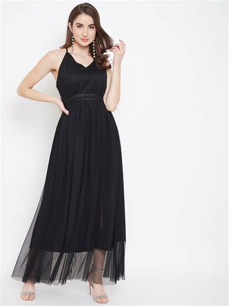 Berrylush Women Solid Black V-Neck Criss-Cross Back Crepe Flared Maxi