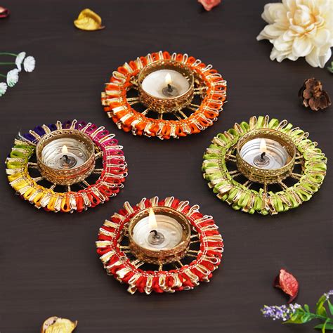 eCraftIndia Set of 4 Multicolor Round Shaped Floral Decorative Tea Lig