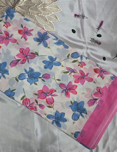 White Mulmul Cotton Saree with Blue & Pink Floral Print and Contrast P ...