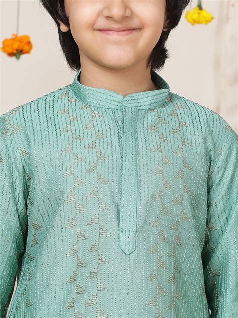 Boy's Ice Green Sequinned Embroidered and Thread Work Chanderi Silk St ...
