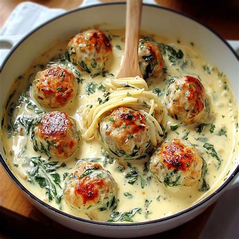 Baked Chicken Meatballs with Spinach Alfredo Sauce